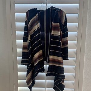 Elegant Striped Hooded Cardigan - navy + Cream